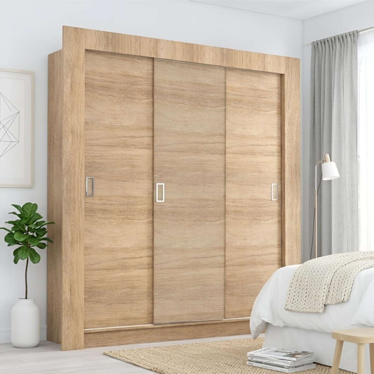 Ropero 3 Puertas Corredizas con Rieles Metálicos, Estantes y Zapatero – 205x170x47 cm - Carvalho 