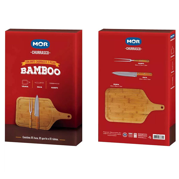 KIT ASADO 3 PIEZAS TABLA BAMBU Y UTENSILLOS MARRON