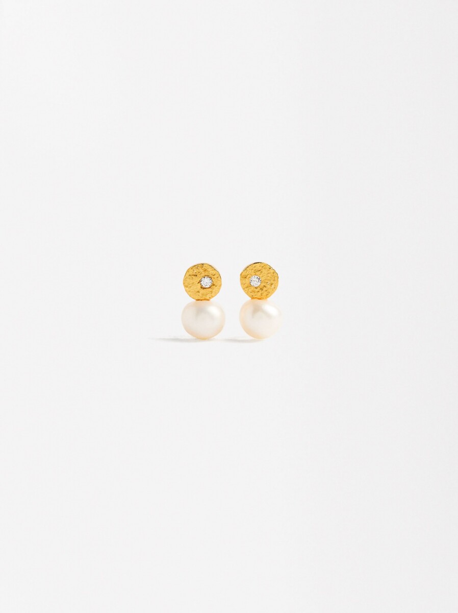 Pendientes Cortos Con Perlas De Agua Dulce Y Circonitas - Plata De Ley 925 - dorado 