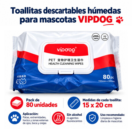 Toallitas Húmedas Mascota Descartable Vipdog 80u Sin Alcohol Blanco