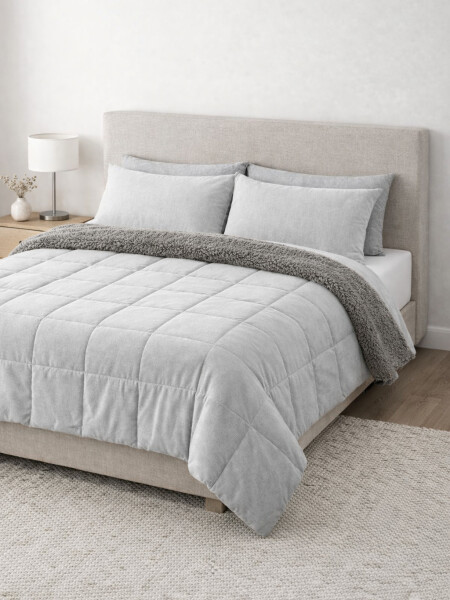 ACOLCHADO VELVET Y SHERPA 2 PLAZAS GRIS