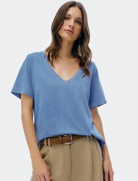 CAMISETA MANGA CORTA CUELLO EN V AZUL