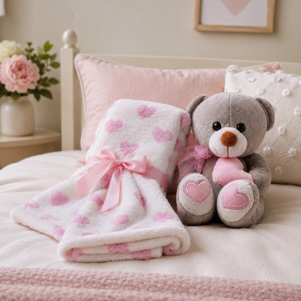 Oso De Peluche Con Manta Corazones 76x91 Cm Para Bebé Rosa 1