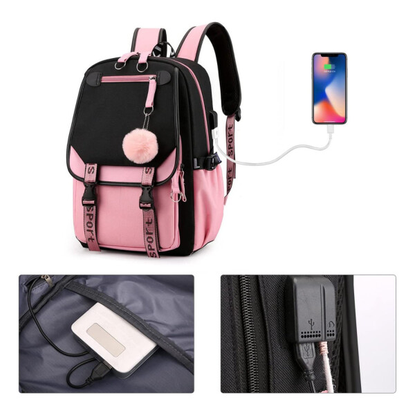 Pack x3 Mochila Kawaii Impermeable Usb Multuso Resistente Variante Color Rosa Negro