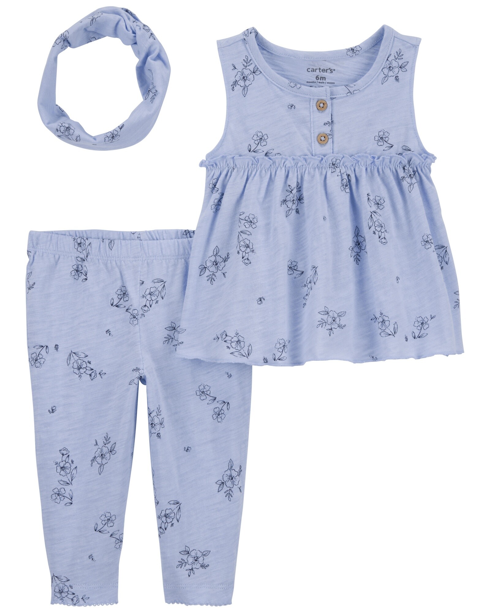 Set tres piezas de algodón, calza, musculosa y vincha diseño floral Sin color