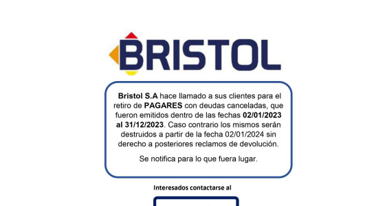 Bristol S.A hace llamado a sus clientes para el retiro de PAGARES