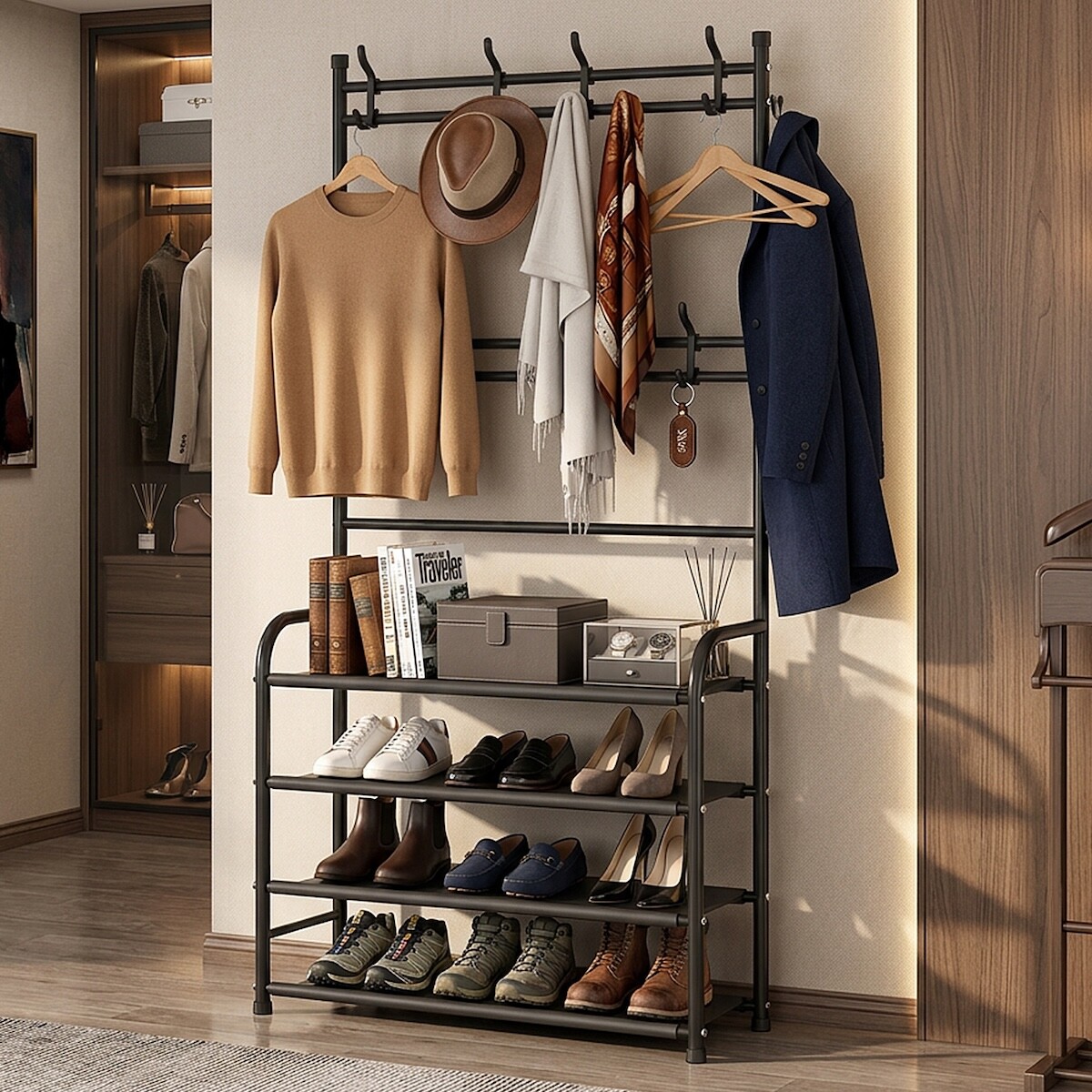 Perchero Ropa Rack Multifuncional Zapatero Organizador Percha Estantes Imback Color Negro 