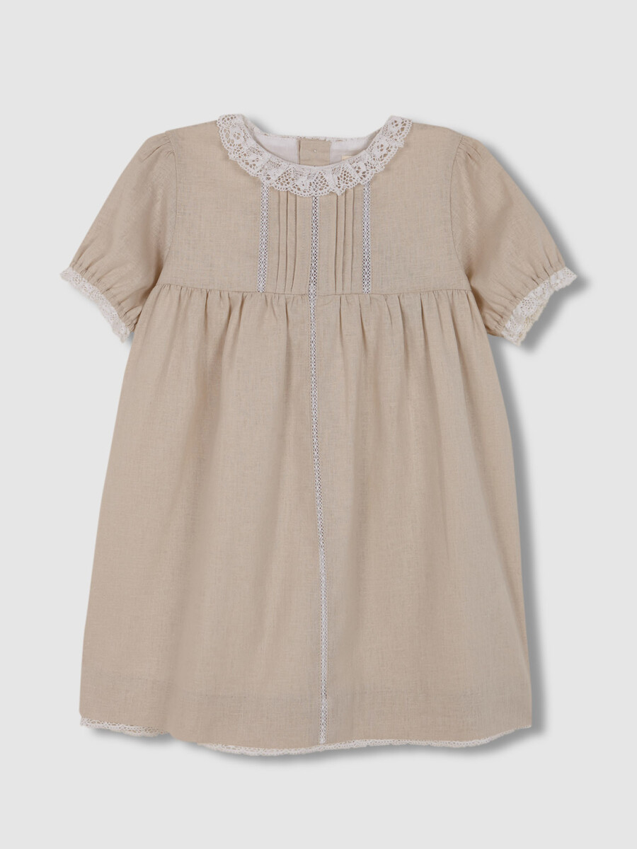 Vestidode Lino Con Tiras Bordadas Marron