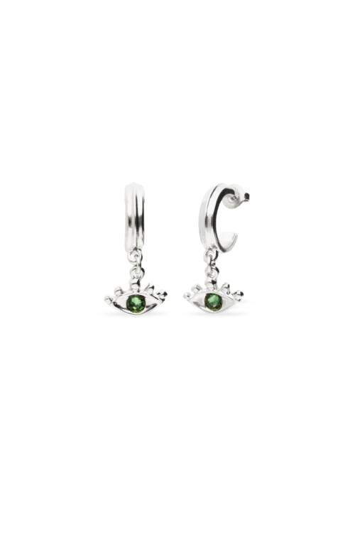 PENDIENTES DE ARO EN ALEACIÓN DE METALES BAÑADOS EN PLATA CON DETALLE DE OJO CON CRISTAL FACETADO VERDE Pendiente