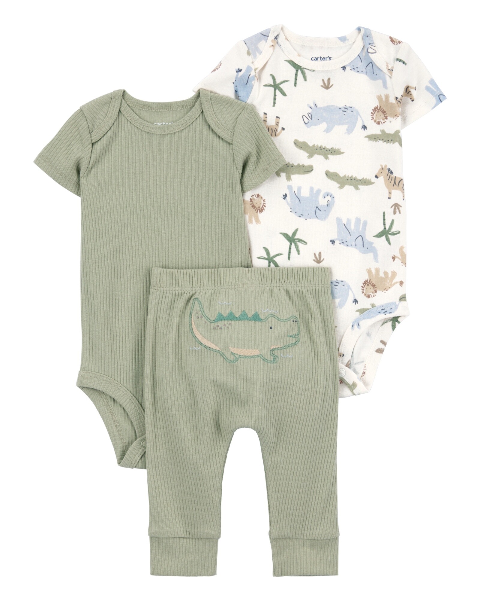 Set tres piezas de algodón, pantalón y dos bodies, diseño caimán Set tres piezas de algodón, pantalón y dos bodies, diseño caimán