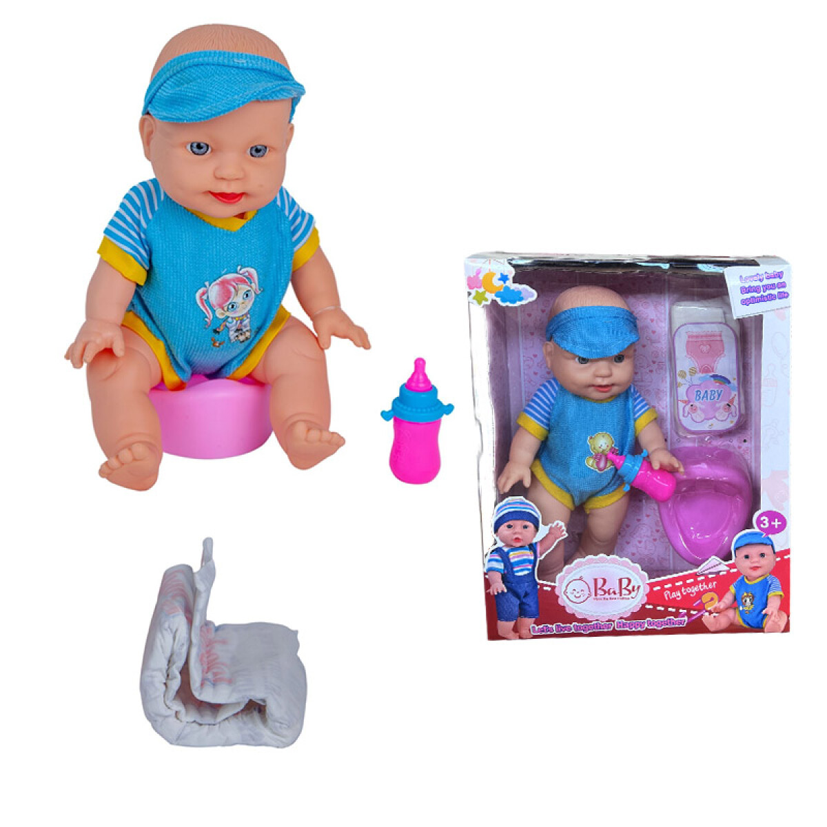 Outlet Bebe c/ pelela, mema y pañal en caja 26*10*32cm - Outlet Bebe C/ Pelela, Mema Y Pañal En Caja 26*10*32cm 