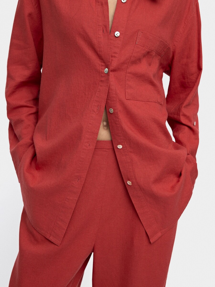 Camisa Mezcla De Lino Con Bolsillo teja