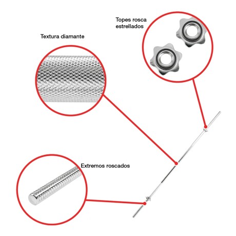 Barra Recta Maciza Cromada Para Banco Pesas 180cms c/ Roscas Plateado