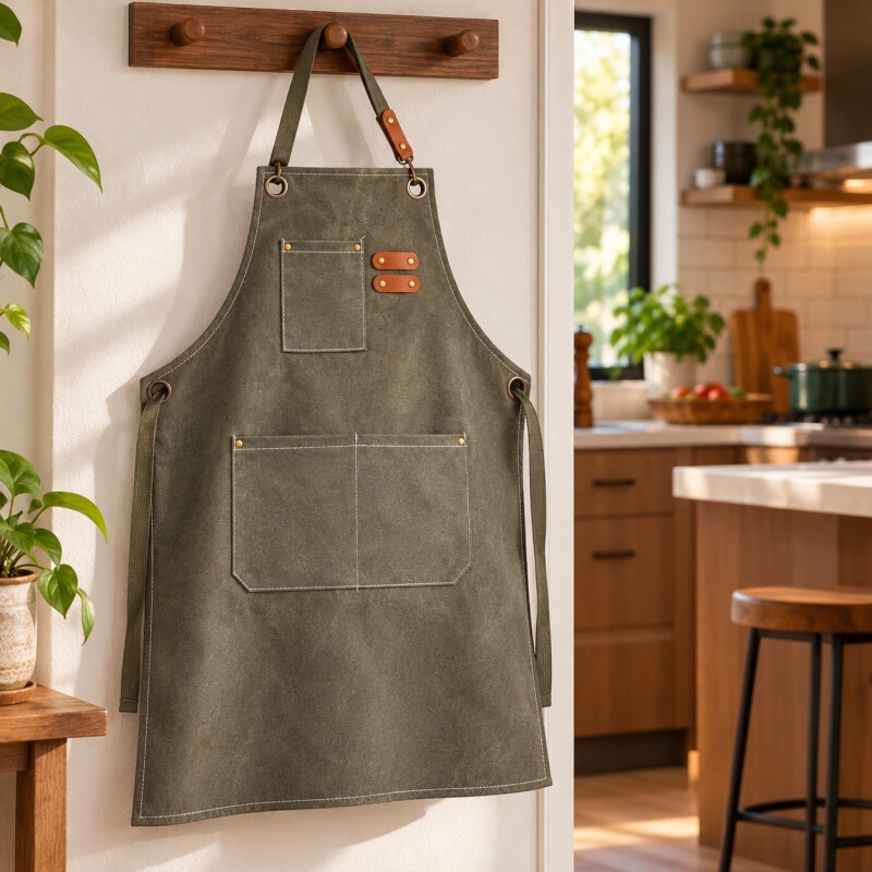 Delantal de Cocina en Tela Canvas con Bolsillos y Detalles en Eco Cuero Verde Oliva