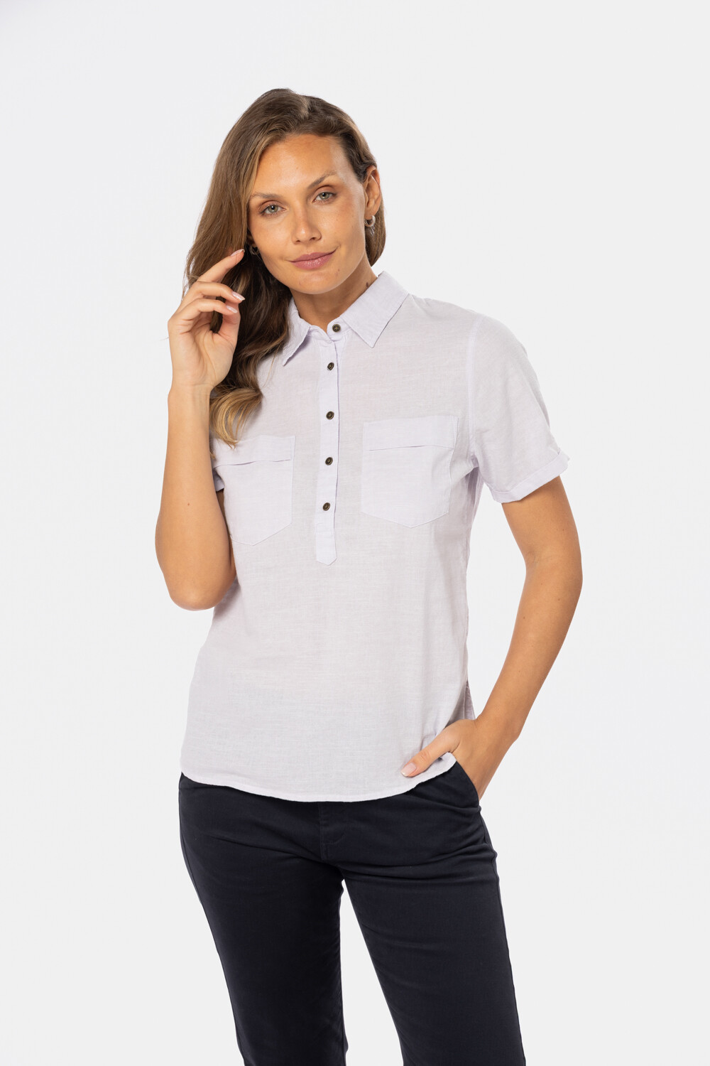 CAMISA DE LINO MEDIO BOTÓN Lila
