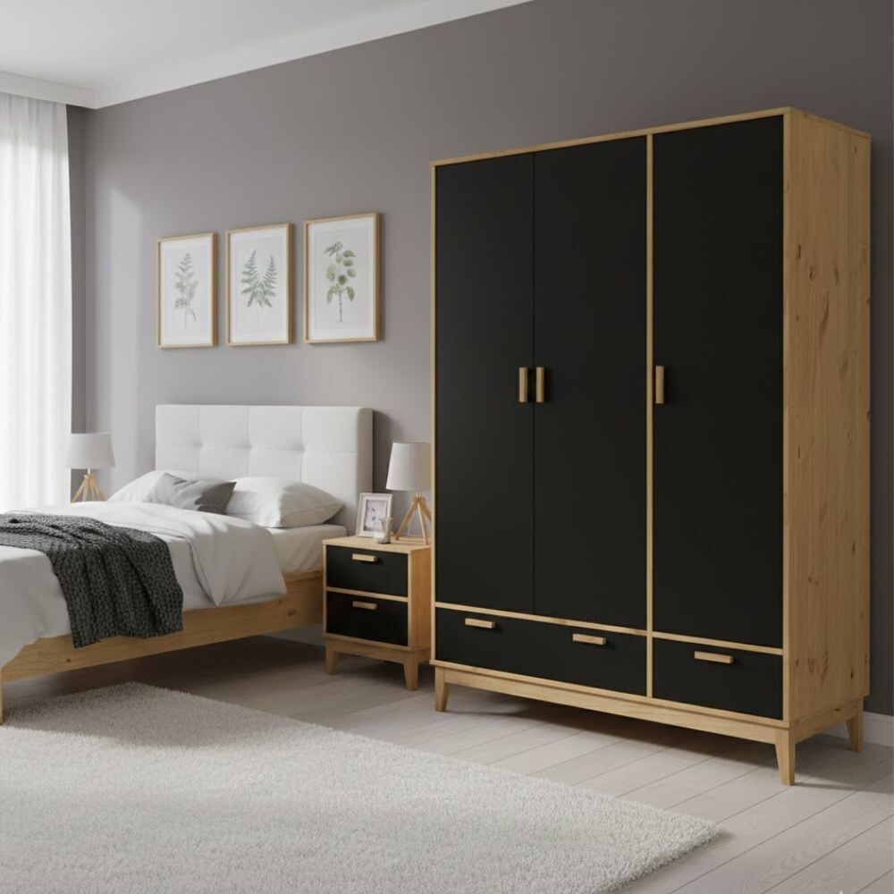 ROPERO 3 PUERTAS 2 CAJONES GUARDARROPA ARMARIO CLOSET PLACARD EN MADERA MACIZA NEGRO