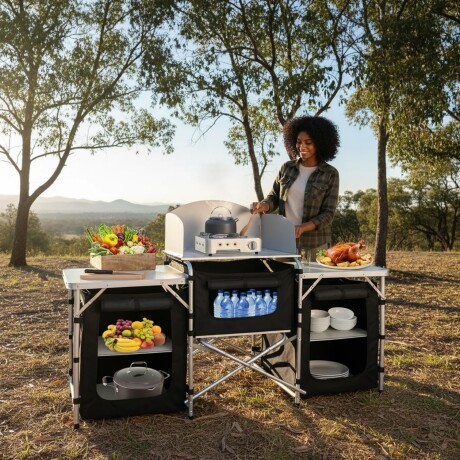 Cocina de Camping Pleg Grande Multifun C/Mesas Lat Bolso Negro