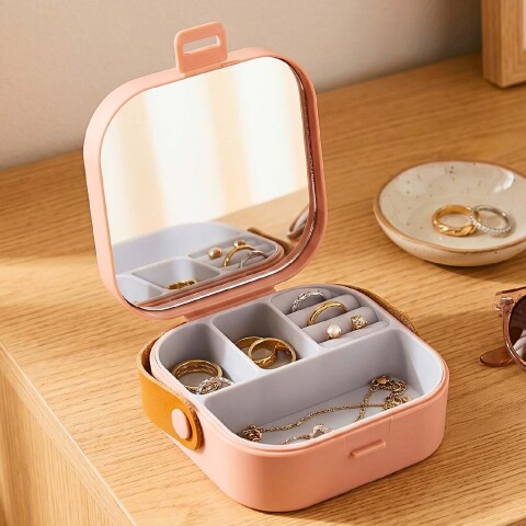 Mini Joyero Organizador Alhajero 9 X 9cm C/ Espejo Asa Rosa