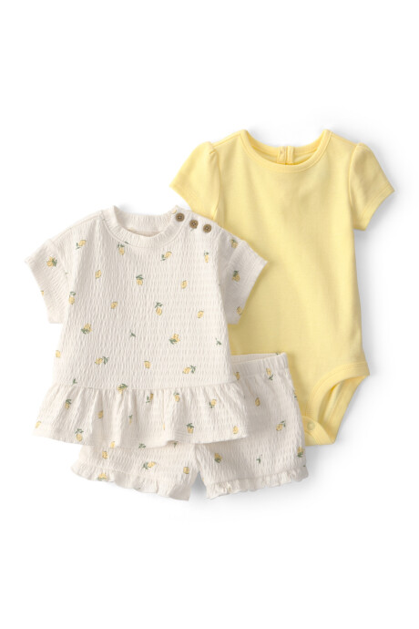 Set tres piezas de algodón, short y remera texturados más body diseño limones Sin color