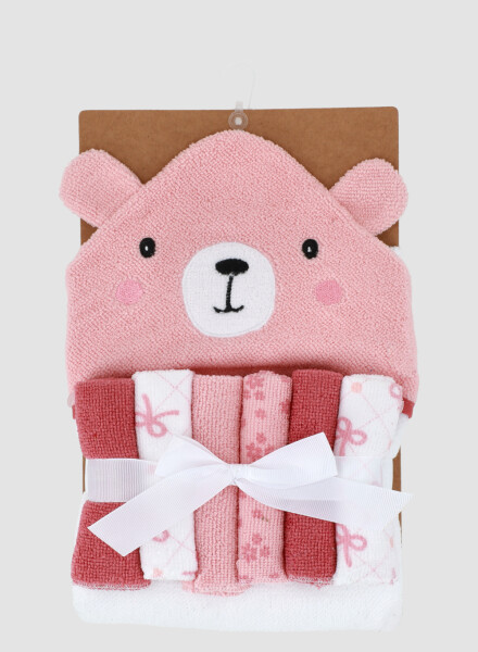 Toalla con capucha + 5 babitas bebe lazos Rosado