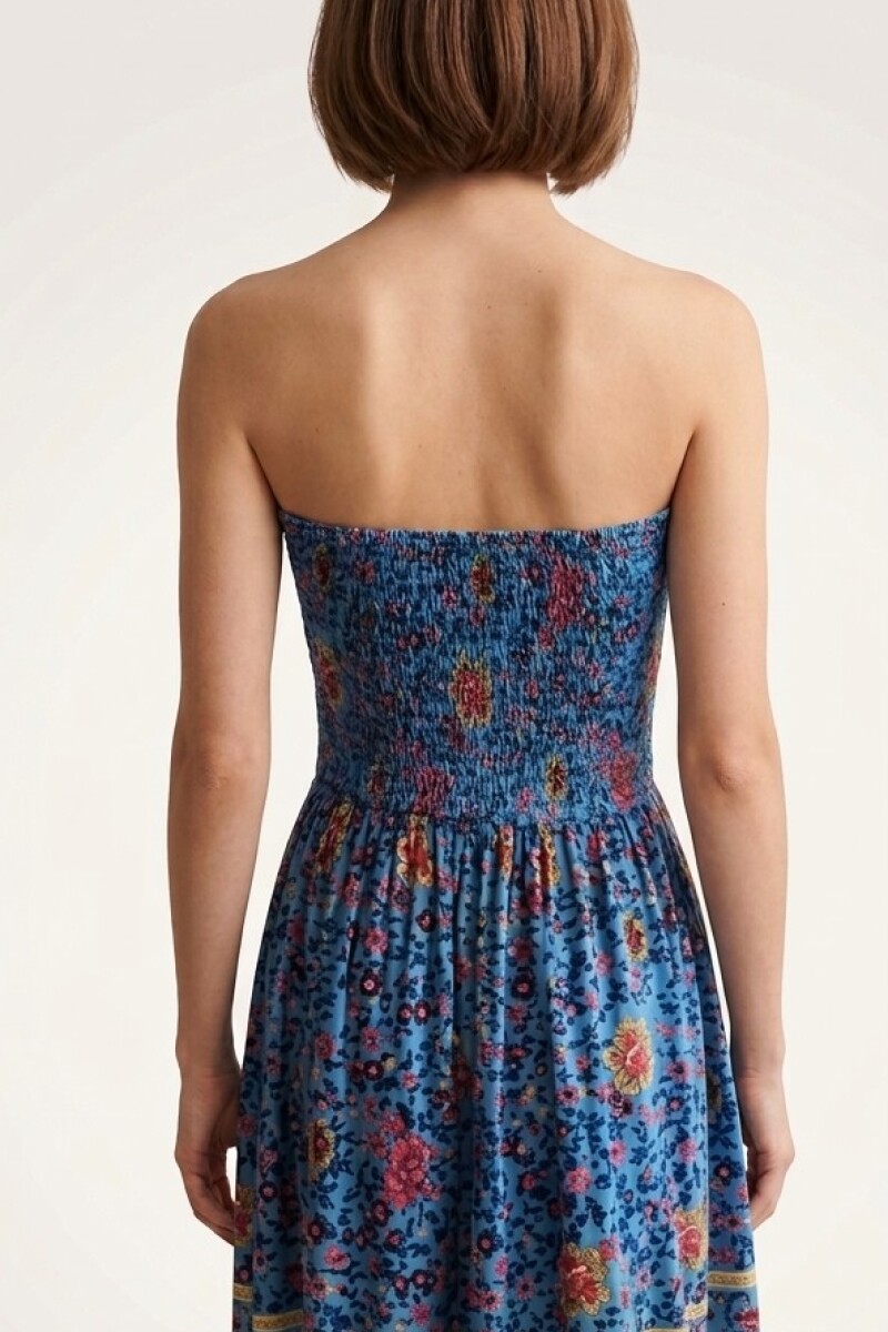 VESTIDO STRAPLESS AZUL ESTAMPADO