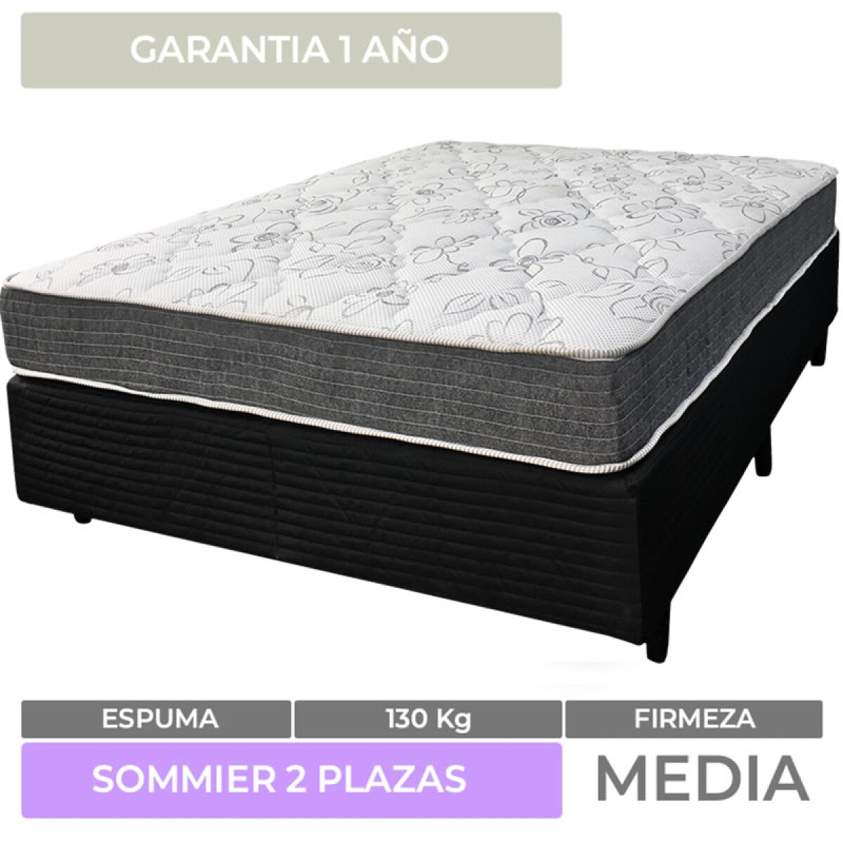 Sommier 2 Plazas Box y Colchón Mulata Sueños Reversible 100% Espuma 138 x 188 x 20 cm - 130 Kg 