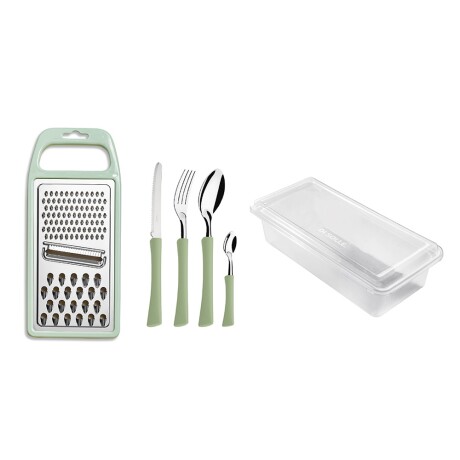 Set 24 Cubiertos + Rallador Acero Inox Mango Plástico Inova Verde Claro