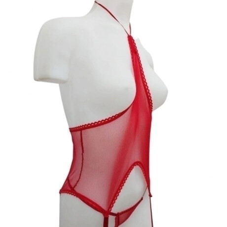 Corset De Tul Sin Tazas Con Portaligas Y Tanga Rojo