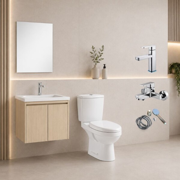 COMBO DE BAÑO INODORO CON MOCHILA + GRIFERIA DE DUCHA Y LAVATORIO + MUEBLE 60 CM CON MESADA DE LOZA Y ESPEJO COMBO DE BAÑO INODORO CON MOCHILA + GRIFERIA DE DUCHA Y LAVATORIO + MUEBLE 60 CM CON MESADA DE LOZA Y ESPEJO