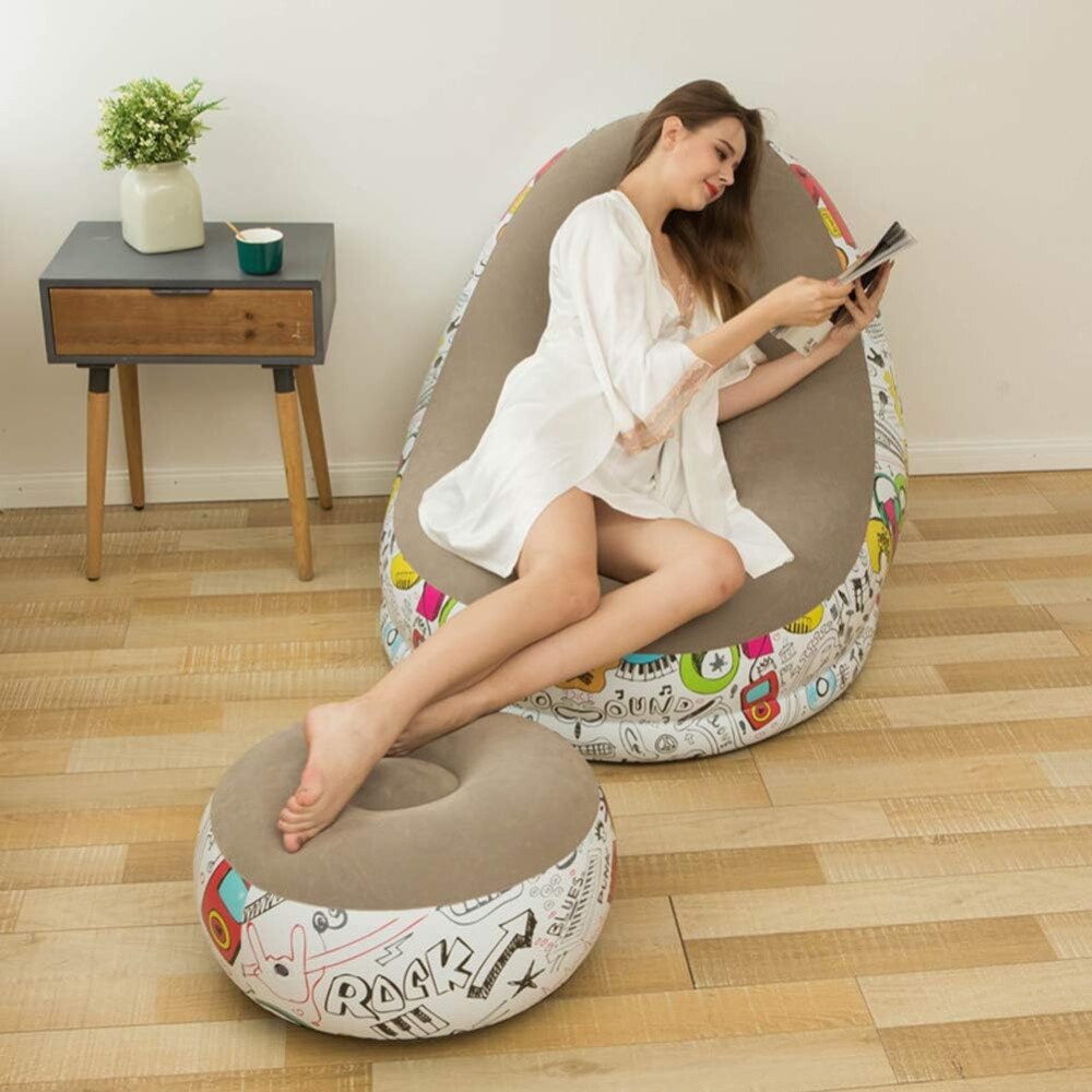 Sillón Inflable Con Puff Sofá Con Apoyapies Gris