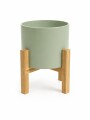 MACETA CERÁMICA M CON SOPORTE DE MADERA VERDE AGUA
