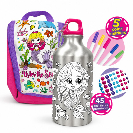 Set Lanchera Y Botella P/Colorear Infantil C/Fibras Stickers Rosa/violeta