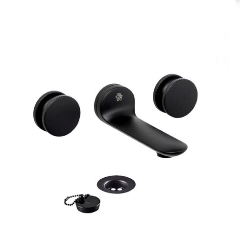 Griferia Lavatorio De Pared Bimando En Negro Mate Fv Serie Nueva 44 Incluye Desague 000