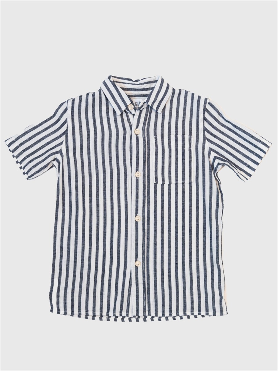 Camisa De Lino Manga Corta Niño - White Navy Stripe 