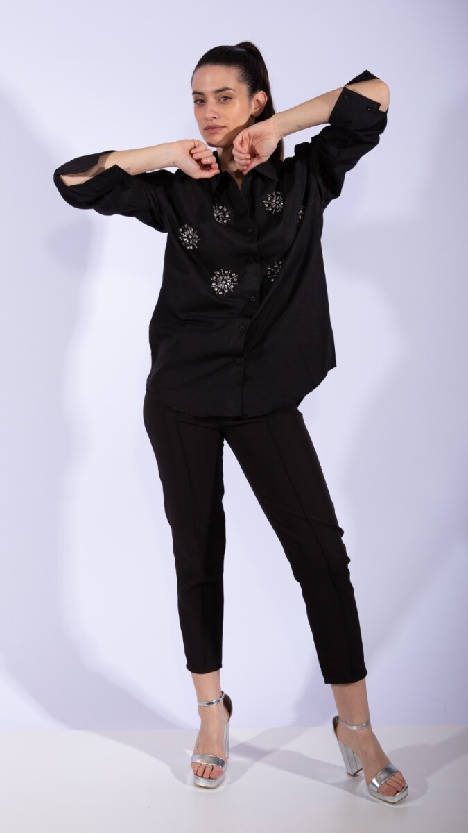 Camisa bordada con strass - Negro 