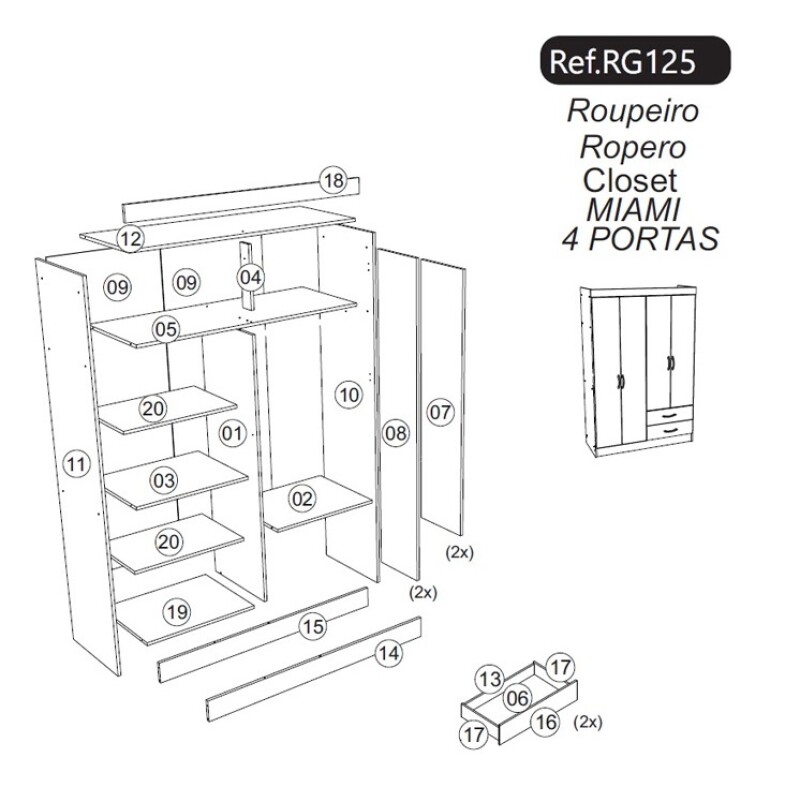 Ropero Armario 4 Puertas 2 Cajones 7 Estantes FREIJO RIPADO(NOGAL) Ropero Armario 4 Puertas 2 Cajones 7 Estantes Freijo Ripado(nogal)