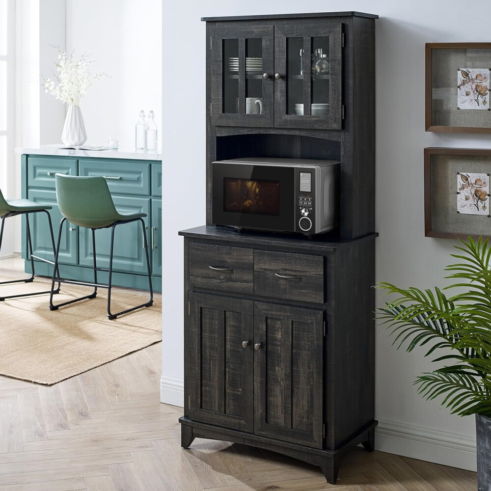 CRISTALERO 4 PUERTAS ARMARIO DE COCINA APARADOR CON ESTANTERÍA PARA MICROONDAS - RÚSTICO CRISTALERO 4 PUERTAS ARMARIO DE COCINA APARADOR CON ESTANTERÍA PARA MICROONDAS - RÚSTICO