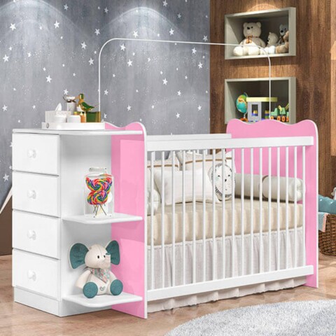 Cuna con Comoda New Happy J&A Blanco Rosa Cuna con Comoda New Happy J&A Blanco Rosa
