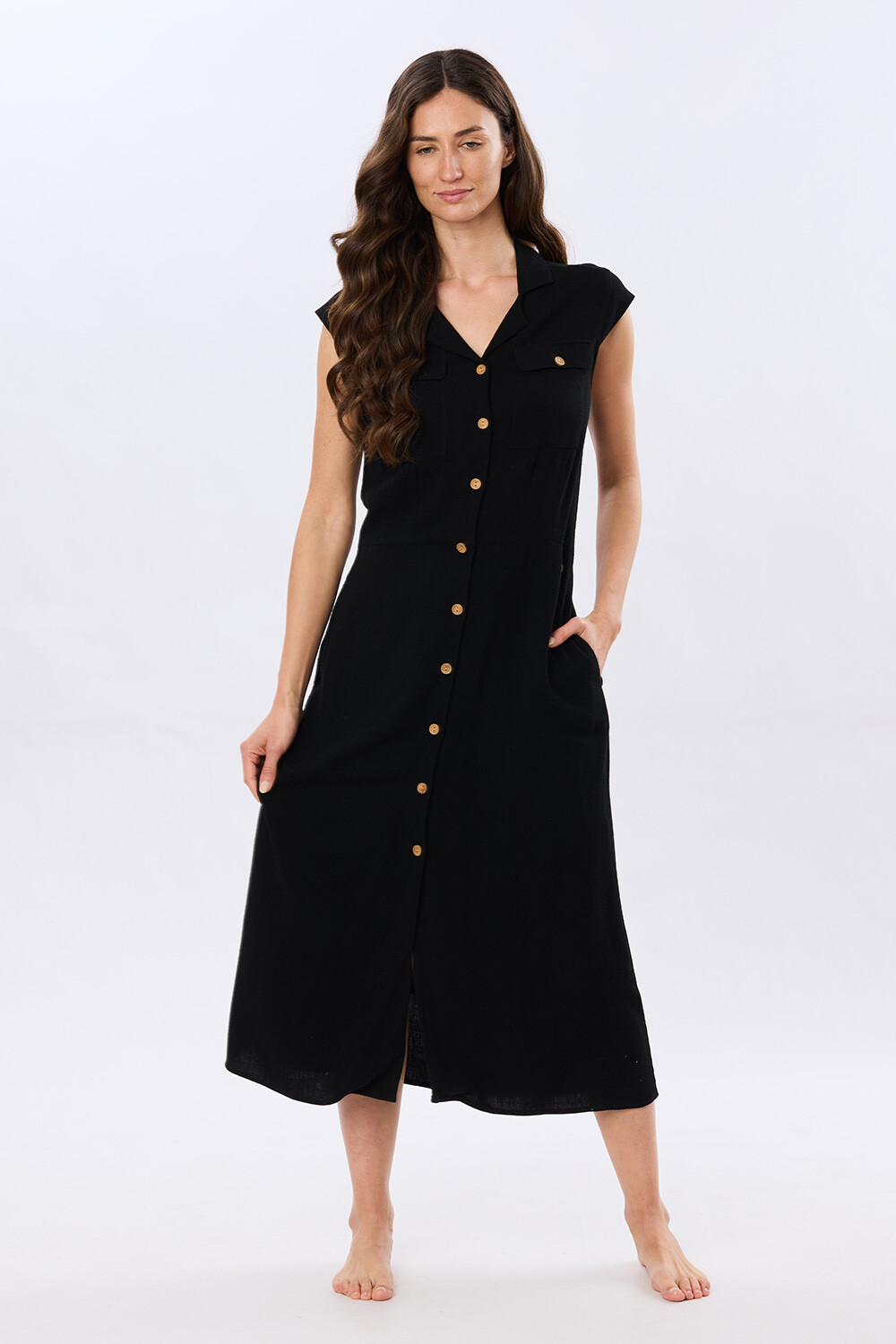 VESTIDO LISO DE LINO Negro