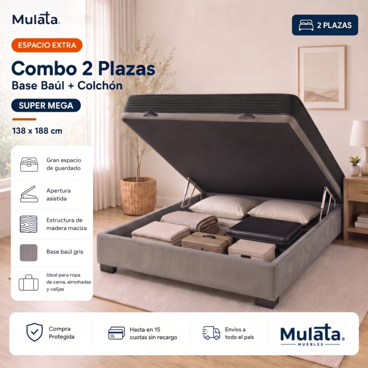Sommier Baúl 2 Plazas Gris con Colchón Super Mega 138 x 188 Firmeza Media 