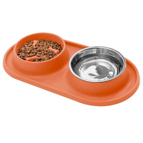 Plato Doble Come Lento Silicona Comedero Bebedero Mascota Color Variante Naranja