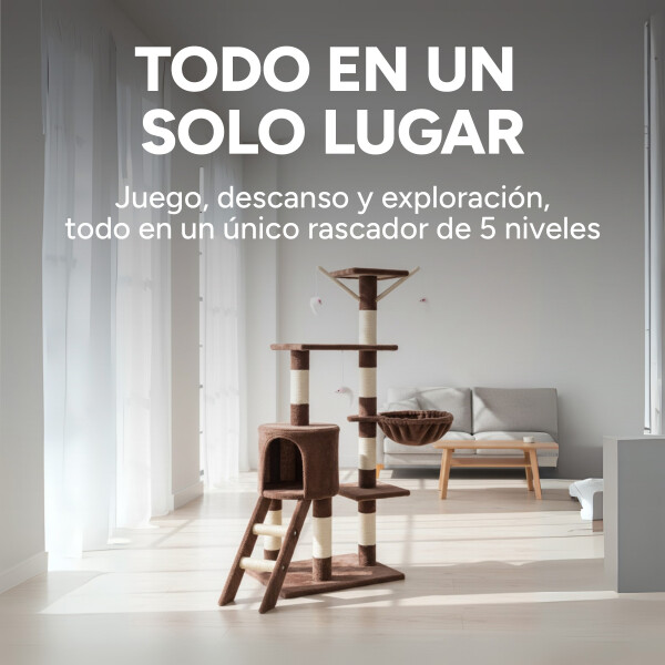 Rascador Torre 5 Niveles En Felpa Y Sisal Para Gato Juego Color Marrón