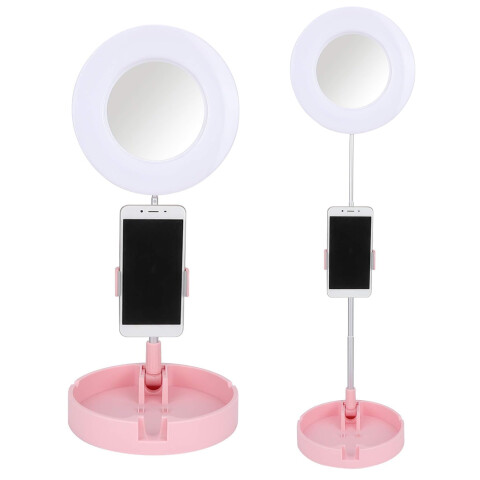 Espejo Con Aro Luz Led Selfie Soporte Celular Maquillaje Variante Color Rosa