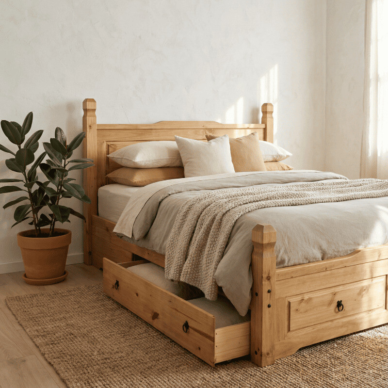 Cama línea mexicana clara con 2 cajones. Cama línea mexicana clara con 2 cajones.