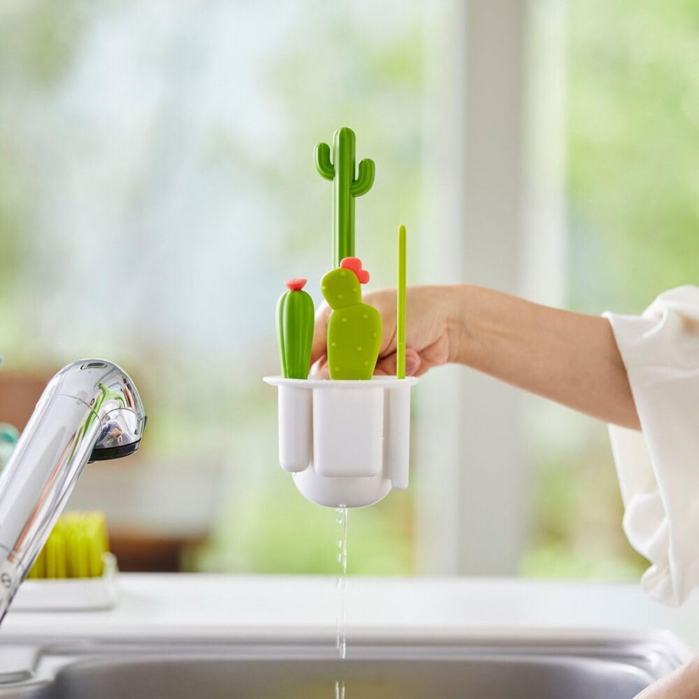 Set de cepillos limpia Biberones Cactus con base Boon verde blanco