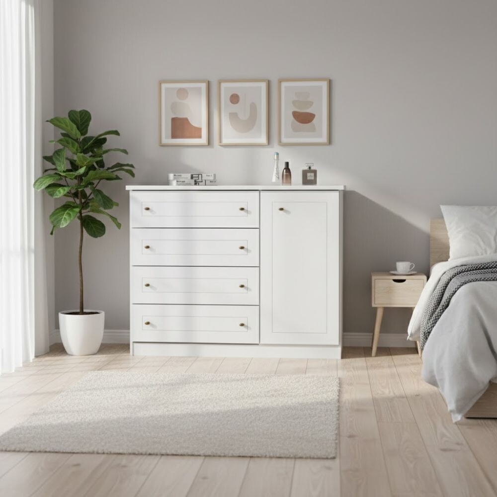 CÓMODA CAJONERA GUARDARROPA 4 CAJONES 1 PUERTA - LÍNEA AMERICANA CÓMODA CAJONERA GUARDARROPA 4 CAJONES 1 PUERTA - LÍNEA AMERICANA