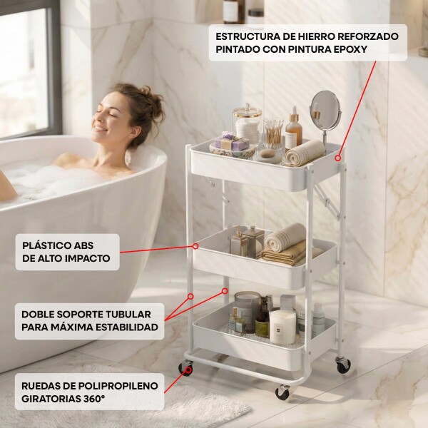 Carro Plegable Carrito Organizador de Metal con 3 Estantes y Ruedas Multiuso IMBACK Color Blanco Carro Plegable Carrito Organizador de Metal con 3 Estantes y Ruedas Multiuso IMBACK Color Blanco