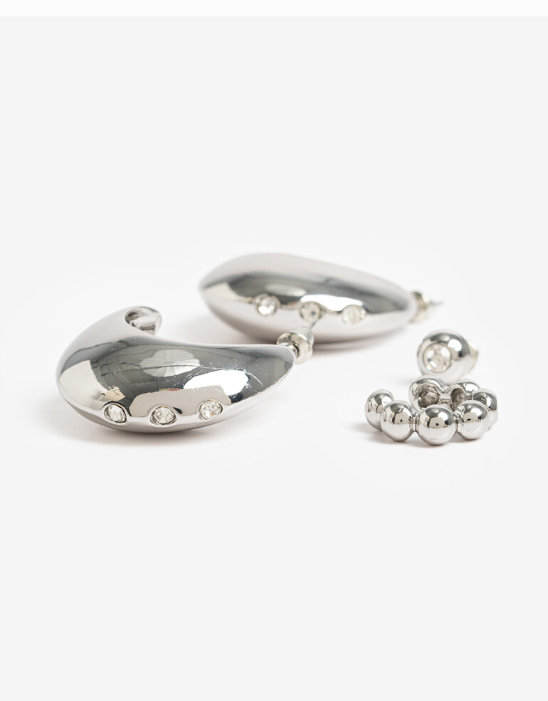 Aros Sets Strass Aros Argolla Set Metal Y Strass - Plateado Rodio