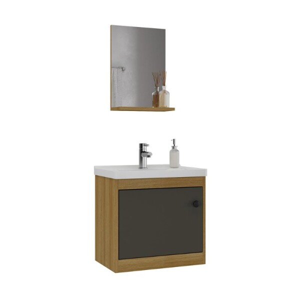 MUEBLE DE BAÑO SUSPENDIDO 50 CM CON MESADA Y ESPEJO - MIEL/GRAFITO MUEBLE DE BAÑO SUSPENDIDO 50 CM CON MESADA Y ESPEJO - MIEL/GRAFITO