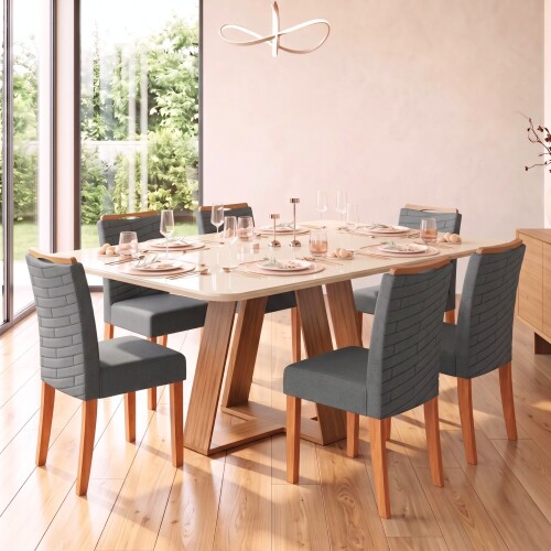 Juego De Comedor - 6 Sillas + Mesa Vidrio - Celeste Beige - Gris